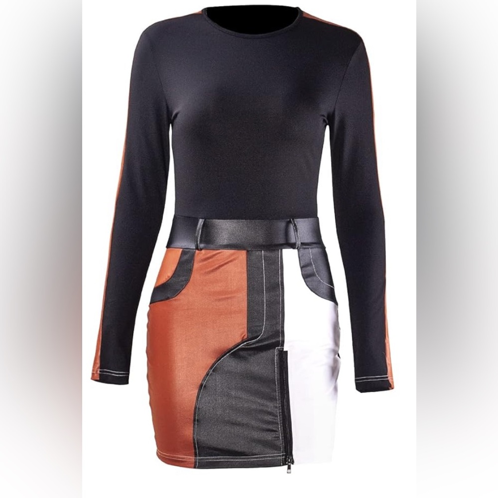 Sexy color block mini dress. Geometric: orange, black, white. Stretchy. M-L